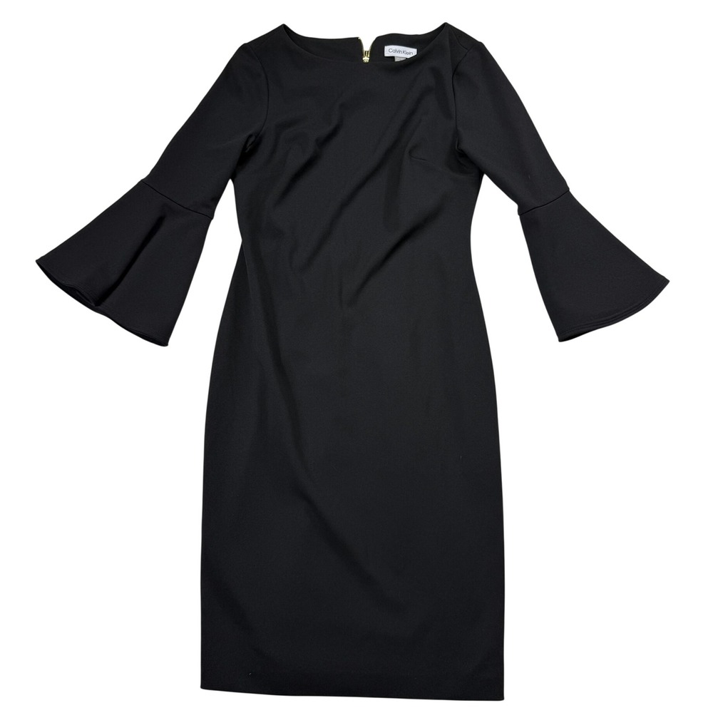 Calvin Klein Black Bell Sleeve Sheath Dress Gold Zipper Size 4